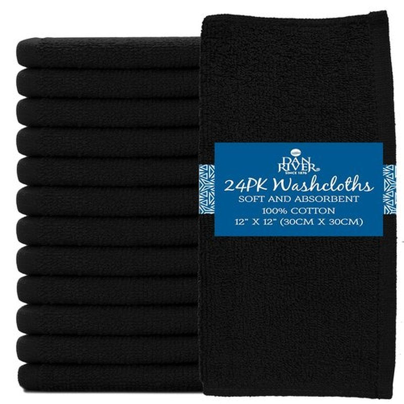 DAN RIVER 100% Cotton Washcloths 24 Pack Premium Quality Face and Body Cloth, Quick Dry Essential Towels for Bathroom, Hand, Kitchen & Cleaning, Baby Washcloths | 12X12 in | 400 GSM | Black