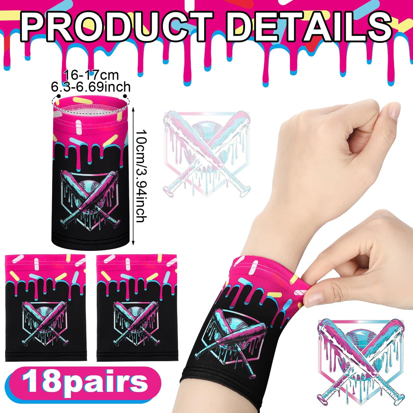 18 Pair Baseball Ice Cream Drip / 67 Meme Themed Wristbands Sports Cooling Non Slip Wristbands Gift for Sport Baseball Team Ball Lovers Players Sport Gym Party Favors (Cross Baseballs)