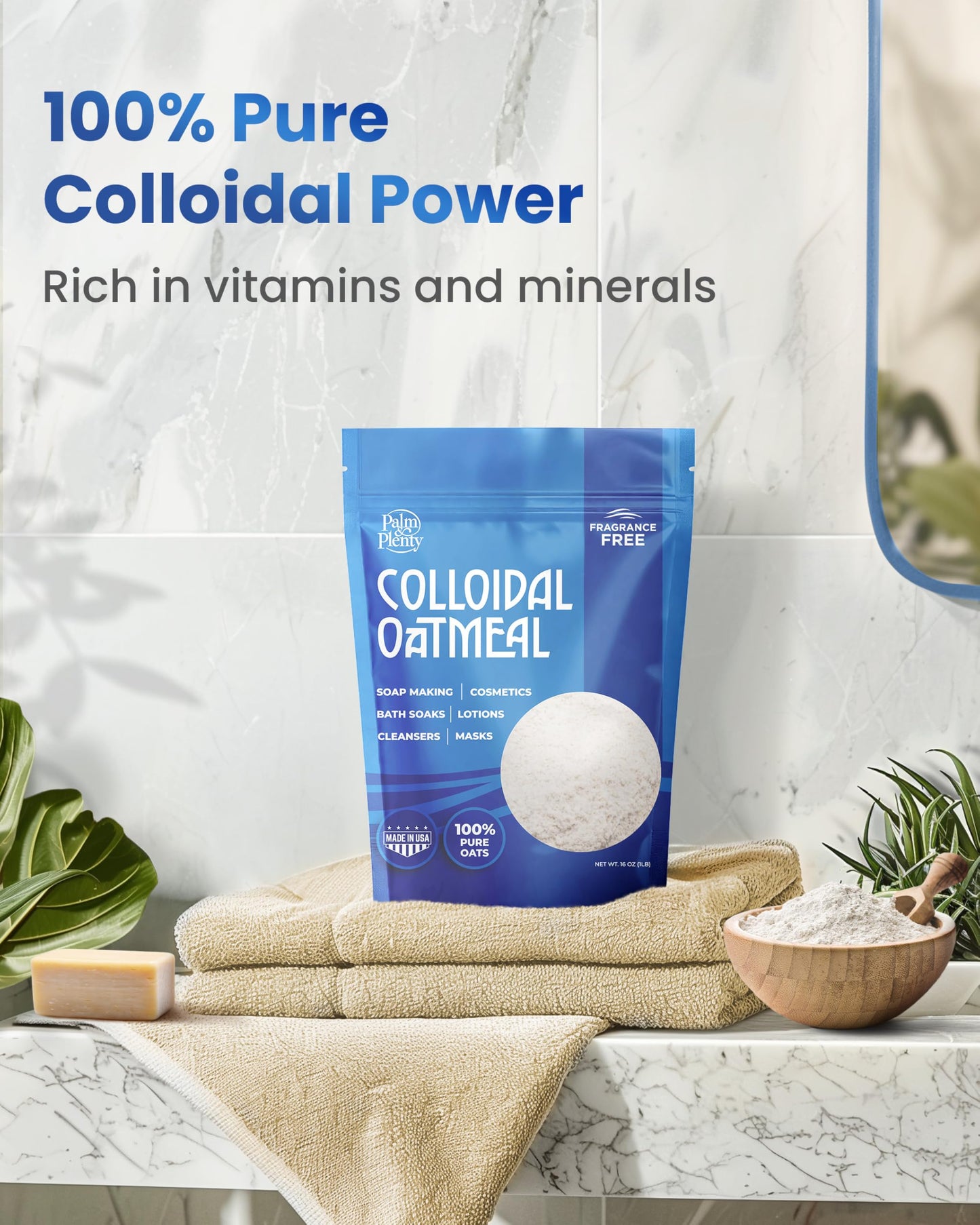 Palm and Plenty 100% Pure Colloidal Oatmeal - Unscented, DIY Bath Products, Skincare, Cosmetics, Natural Oatmeal Bath for Itching, Soothing Agent for Itchy, Irritated Skin - 2 Pack (32oz)