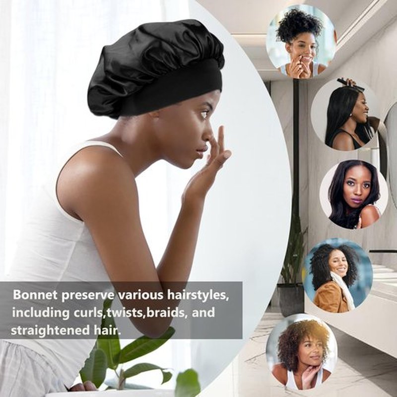 12 Pieces Satin Bonnet Hat For Women Sleeping Shower Caps Curly Hair Silky Bonnet Hair Wrap (Black)