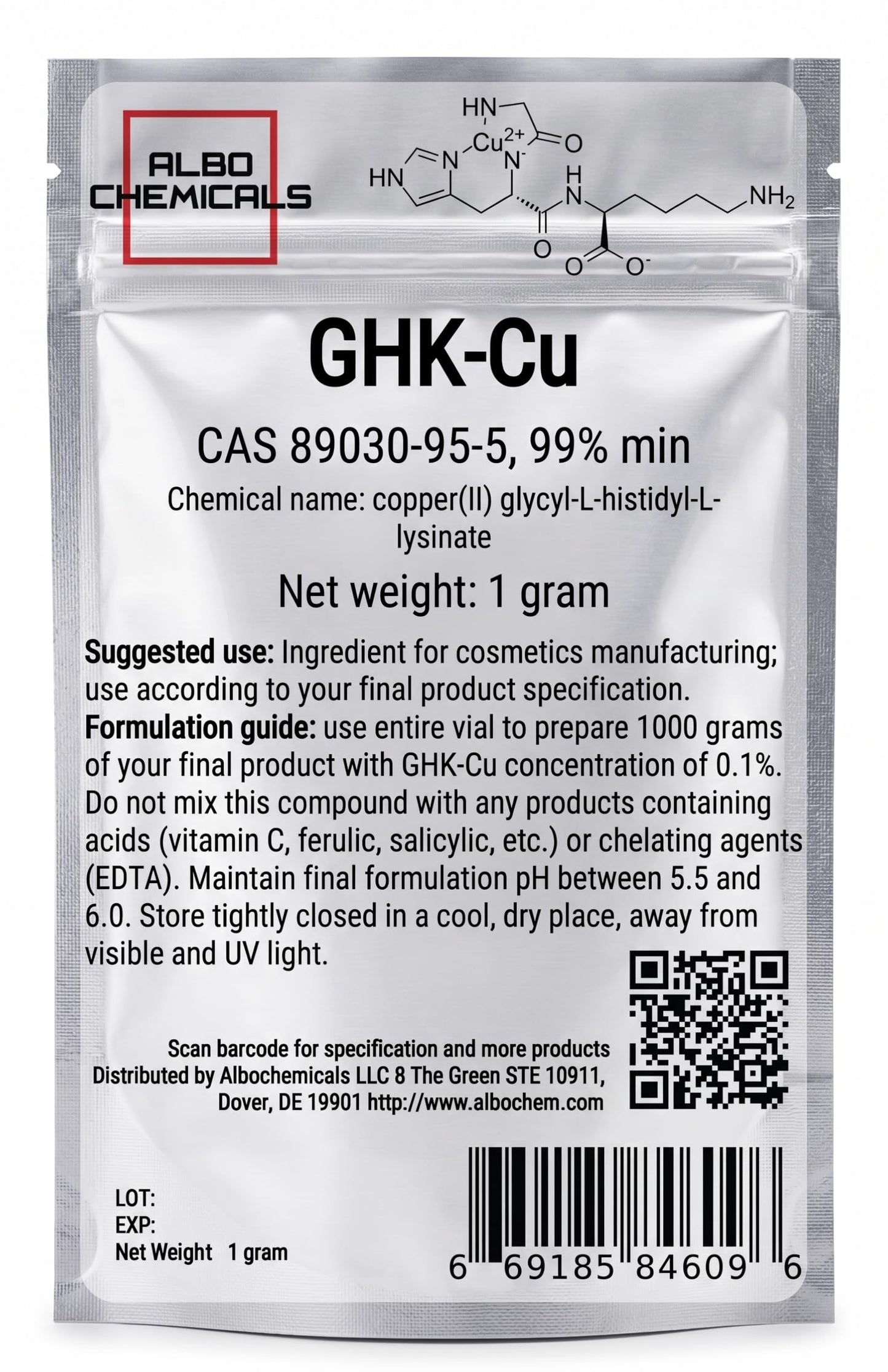 GHK-CU Copper Peptide Powder, 99% min, CAS 89030-95-5, 1 gram