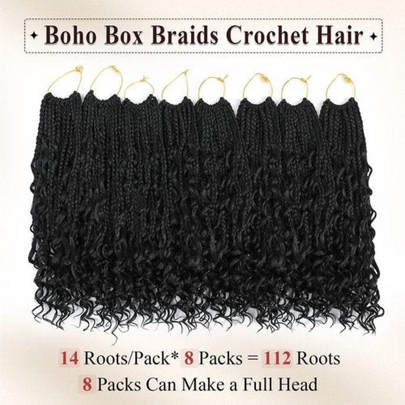 Boho Box Braids Crochet Hair 8 Packs Boho Crochet Braids Pre Looped 1B Goddess Box Braids Crochet Hair for Black Women 14 Inch Boho Braids Crochet Hair Extension