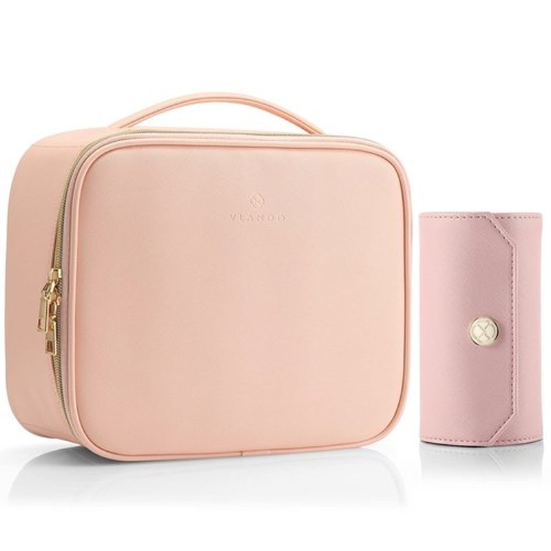 Vlando 1 Set of Makeup Bag and Jewelry Roll Bag,PU Leather Travel Bag Pink