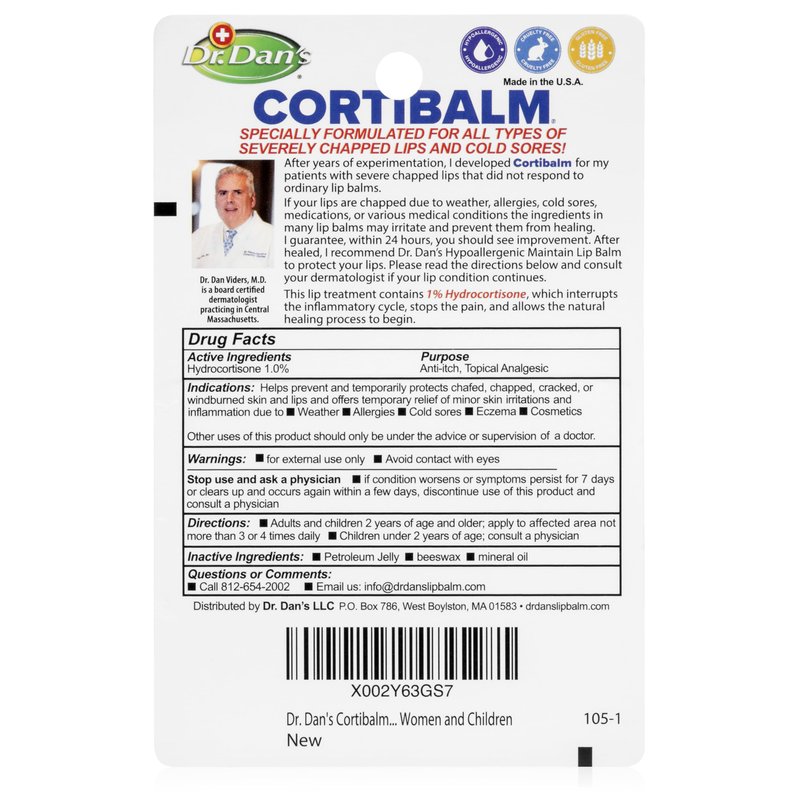 Dr. Dan's Cortibalm-1 pack- for Dry Cracked Lips - Healing Lip Balm for Severely Chapped Lips - Designed for Men, Women and Children