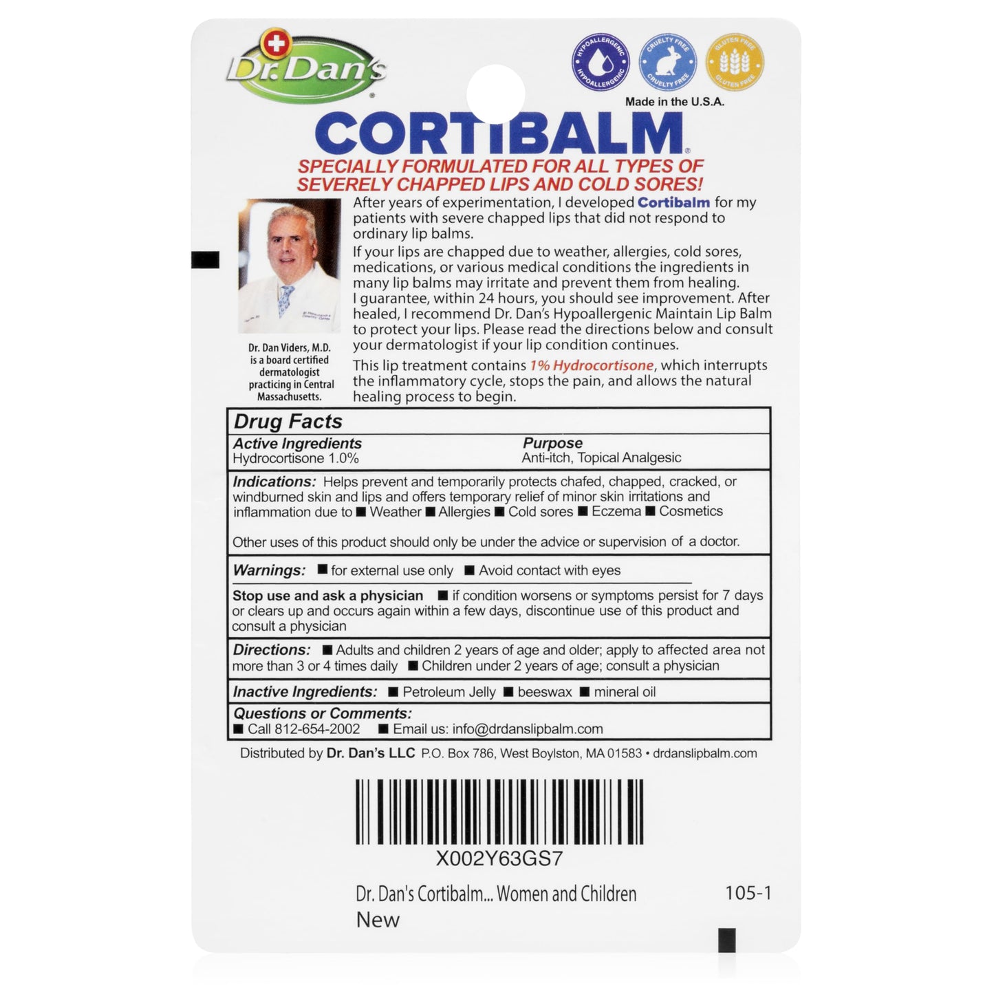 Dr. Dan’s Cortibalm - Medicated Lip Balm with Hydrocortisone – Healing Treatment & Moisturizer for Severely Chapped, Very Dry Cracked Lips – 1 Pack