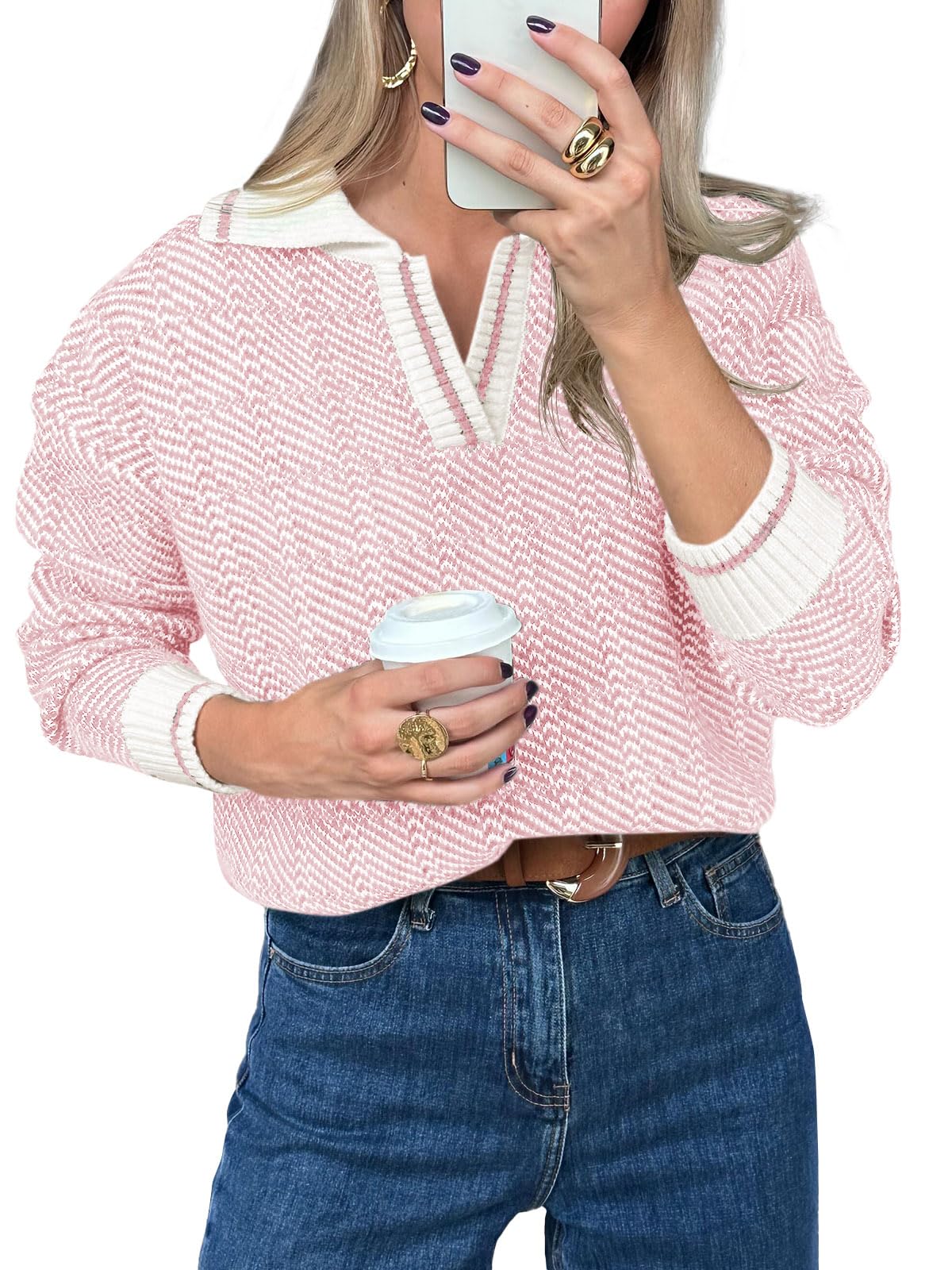Saodimallsu Womens Fall Sweaters Tops Lapel V Neck Knit Color Block Shirt