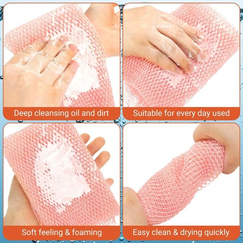 Geiserailie African Long Bathing Net Sponge Long Net Shower Body Scrubber Back Scrubber Skin Smoother Net Bathing Sponge for Daily Use or Stocking Stuffer (Light Pink)
