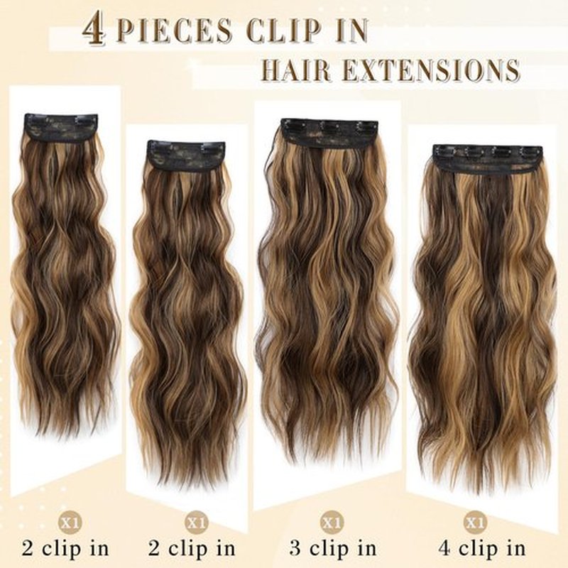 FREEMEIGE Clip in Long Wavy Synthetic Hair Extension 20 Inch Medium Brown 4PCS Thick Hairpieces Fiber Double Weft Hair for Women