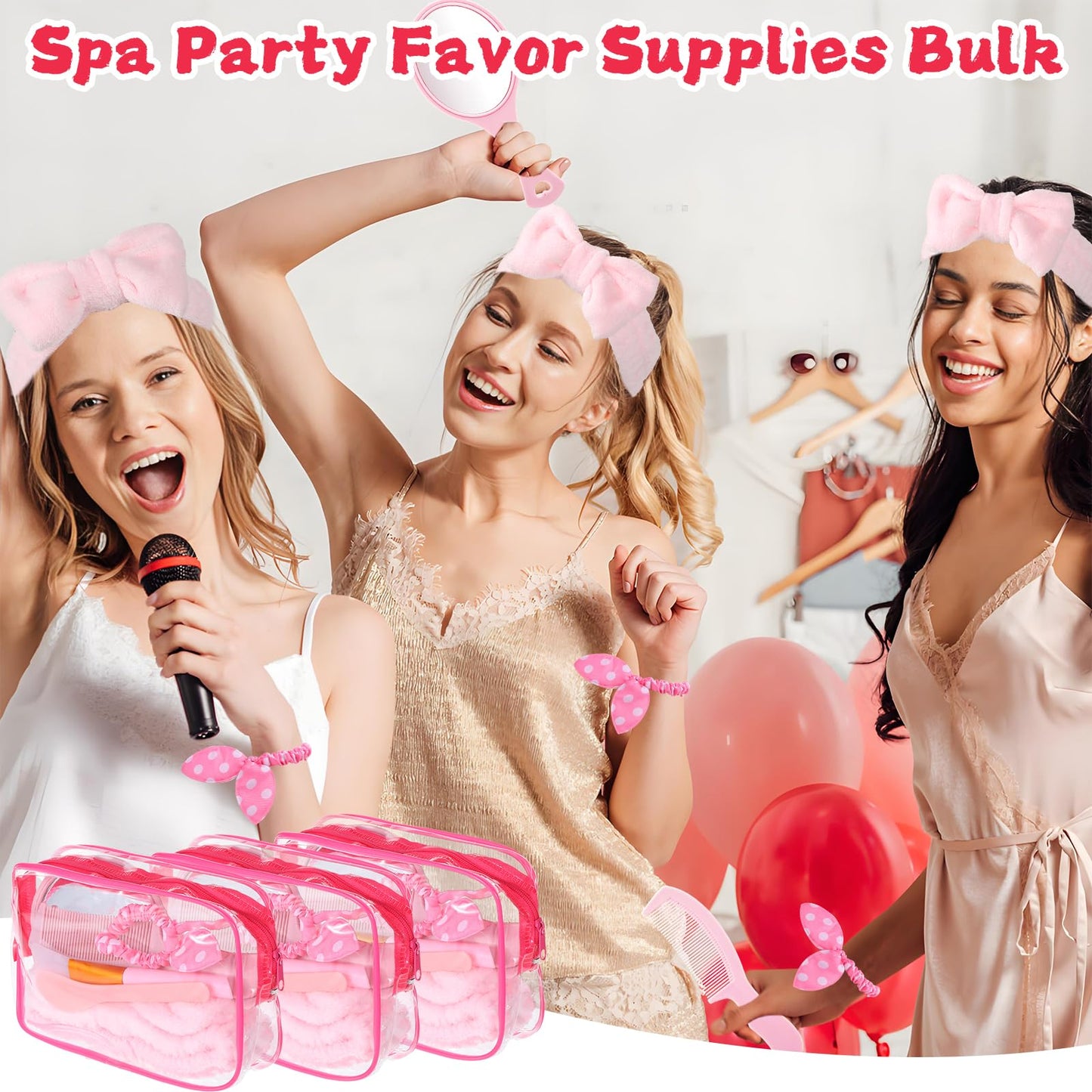 64 PCS Spa Sleepover Party Favor Supplies for Women Bulk, Include Pink Face Mask Mixing Bowl Sets, Handheld Mirrors, Combs, Headbands, Scrunchies, Cosmetic Bags for Slumber Party Supplies
