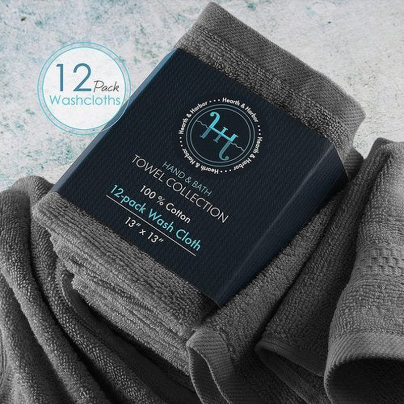 Hearth & Harbor Washcloths 12 Pack - 100% Cotton Washcloth for Body and face, High Absorbent and Soft 13"x13" Body Wash Cloth, Quick Dry - Dark Grey Washcloths
