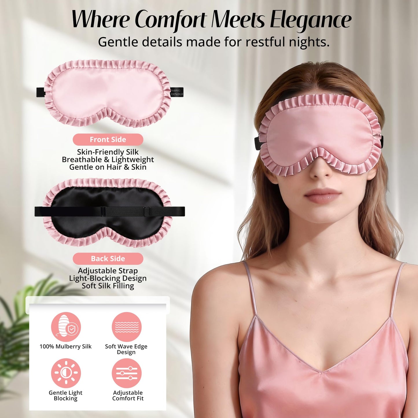Silk Sleep Mask for Women: 100% Mulberry Silk Eye Mask, Black Back Sleeping Mask for Light Blocking, Soft Wavy Edge Eye Cover and Adjustable Strap, Travel & Sleep Gift (Pink)