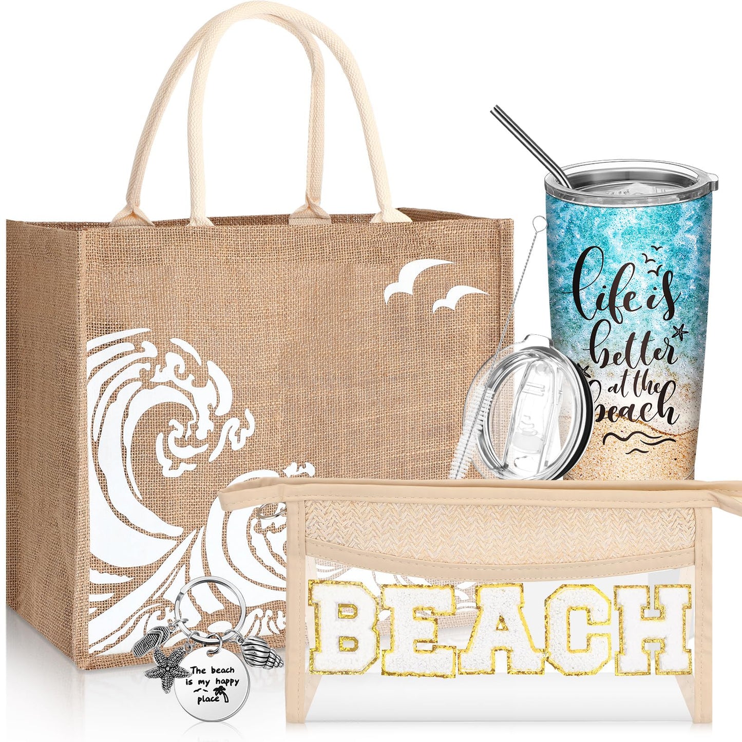Yiyiring 6 Pcs Beach Gifts for Women Set Beach Theme Gift Set Burlap Tote Bags Cosmetic Bag 20 oz Tumbler Keychain for Birthday Holiday Travel Wedding Bridal Shower Bride Bridesmaid Honeymoon(Classic)