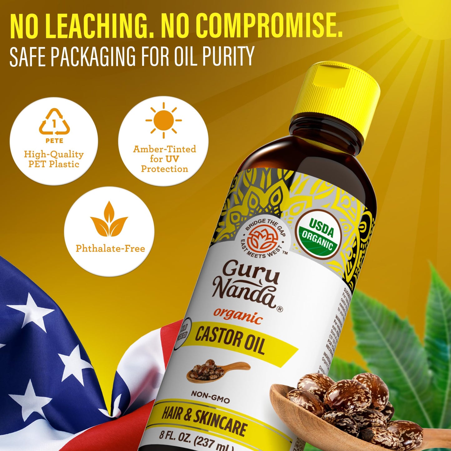 GuruNanda Castor Oil Organic USDA Certified (8 Fl oz) - 100% Pure & Natural, Cold Pressed & Hexane-Free, Hydrating Carrier Oil for Skin, Hair, Eyebrows & Eyelashes Growth
