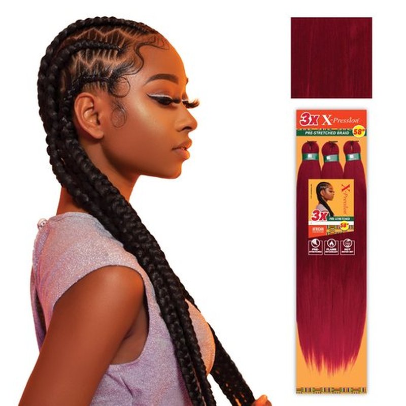 Sensationnel Xpression prestretched braiding hair - 3x xpression 58inch kanekalon fiber flame retardant smooth yaki braid - 3x x-pression 58 inch (5 pack, BG BURGUNDY)