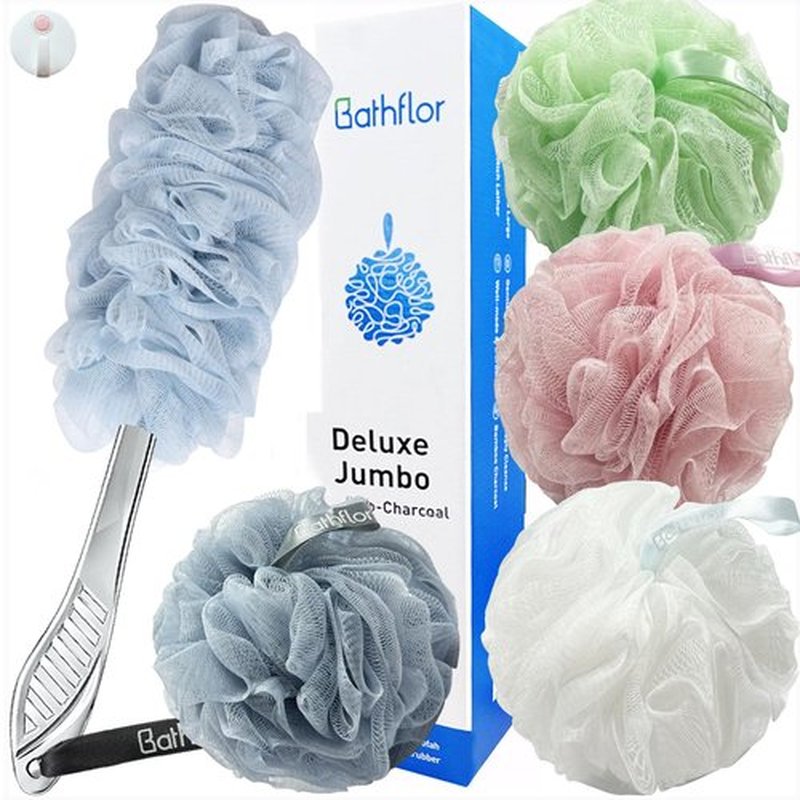 Bathflor Shower Loofah Sponge Exfoliating Body Scrubber 80g, Charcoal Loofa for Women & Men Bath Wash: 1 Long Handle Back Brush Plus 4 Packs Extra Large 80g Soft Mesh Luffa Poufs, 1 Lufa Hook (4Color)