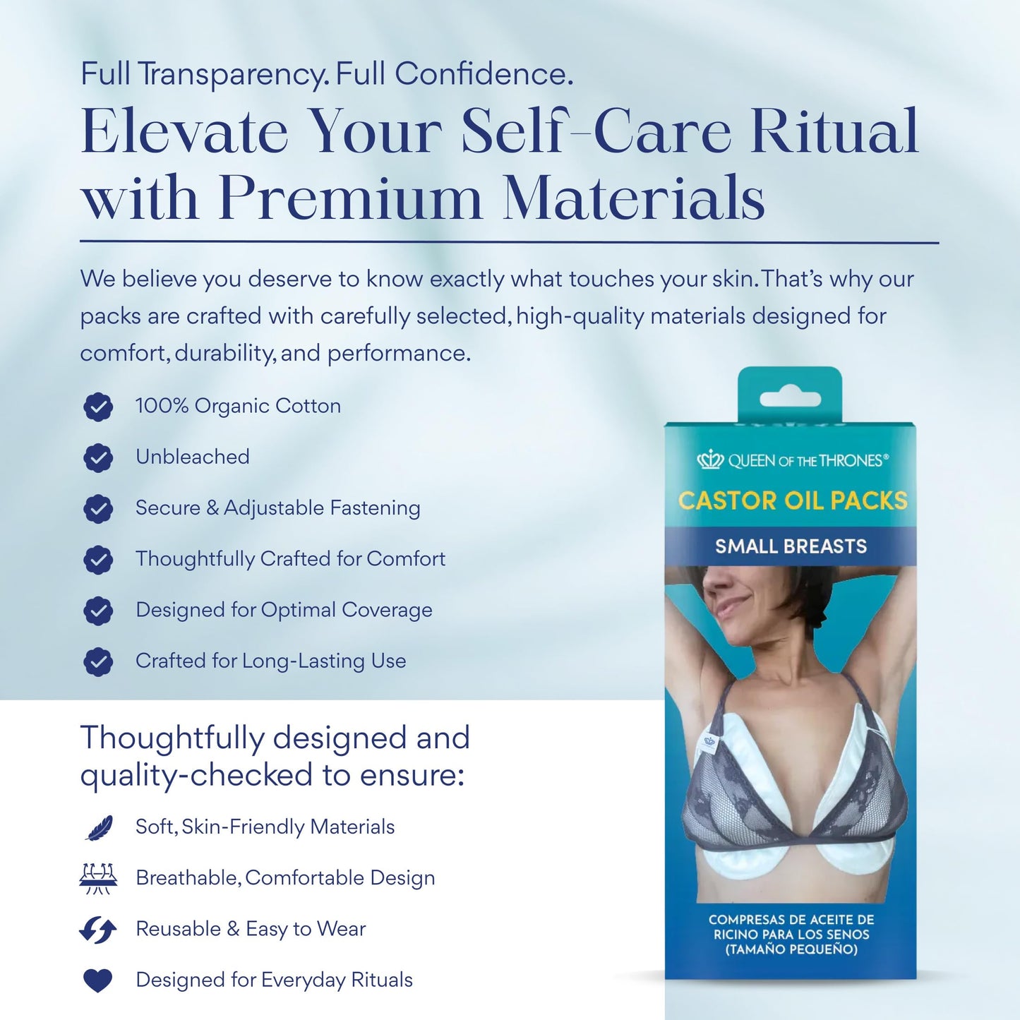 QUEEN OF THE THRONES Castor Oil Pack for Breast (Large) - Heatless, Less-Mess, Reusable - Organic Cotton Flannel, Comfort Fit, Soft Straps & Naturopathic Doctor Designed (Castor Oil Sold Separately)