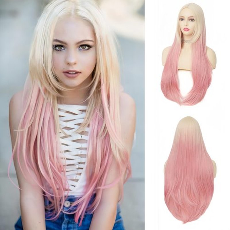 Tseses Blonde to Pink Long Wigs for Women with Bangs Ombre Long Straight Middle Part Natural Wig Synthetic Heat Resistant Halloween Cosplay Costume Hair Wig