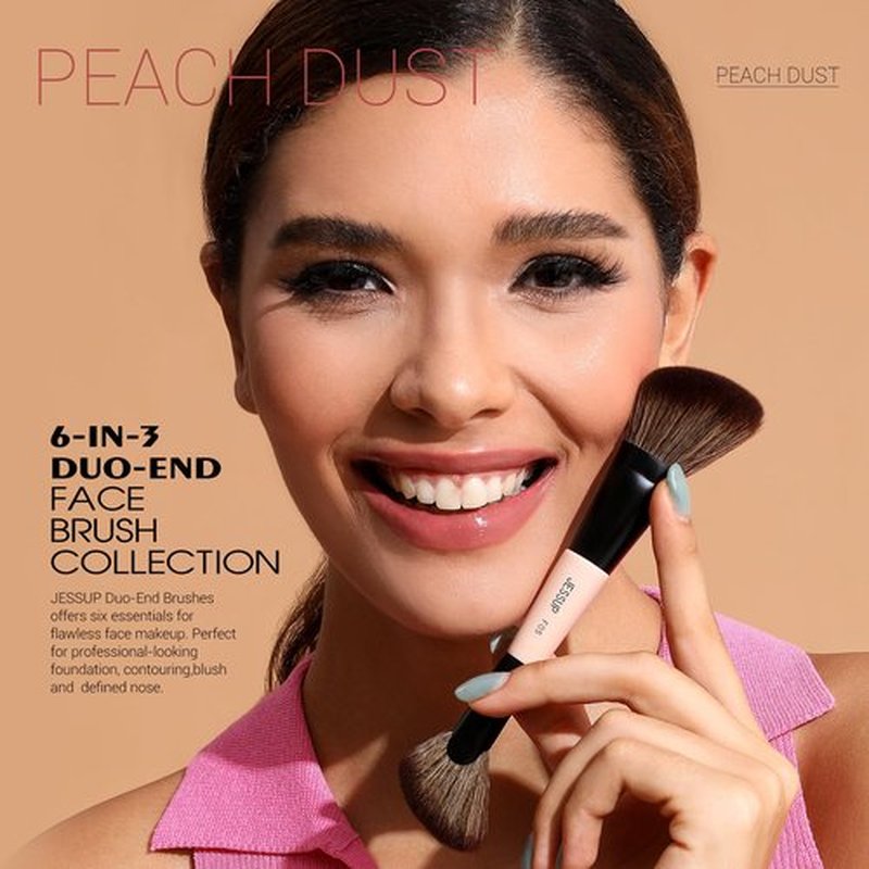 Jessup Face Makeup Brushes 3pcs Double Ended Makeup Brush Set for Foundation Contour Blush Highlight and Powder, Premium Synthetic Make up Brushes Peach Dust T508