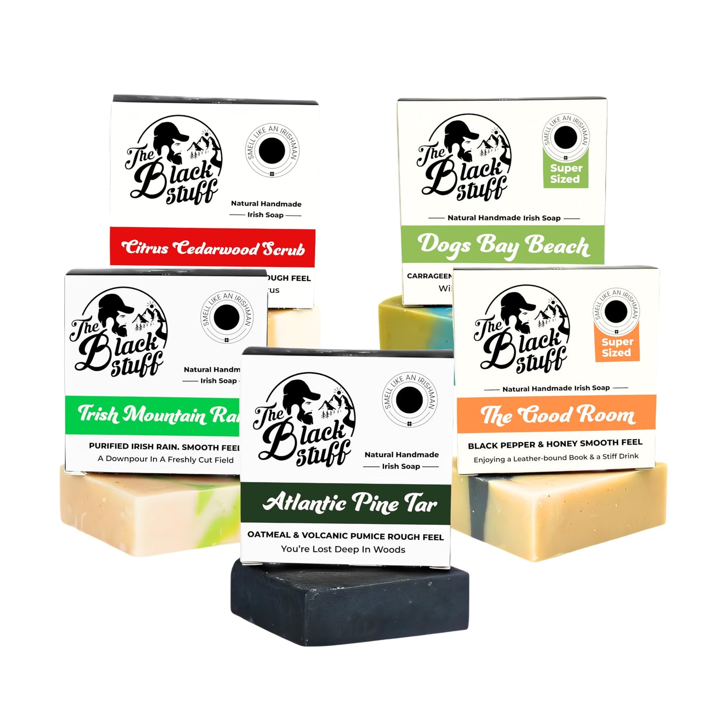 All Natural Bar Soap for Men Handmade Cold Process with Organic Ingredients and Essential Oils Mens Soap - Pine Tar, Citrus Cedarwood, Irish Mountain Rain, Good Room, Dogs Bay Beach Pack of 5