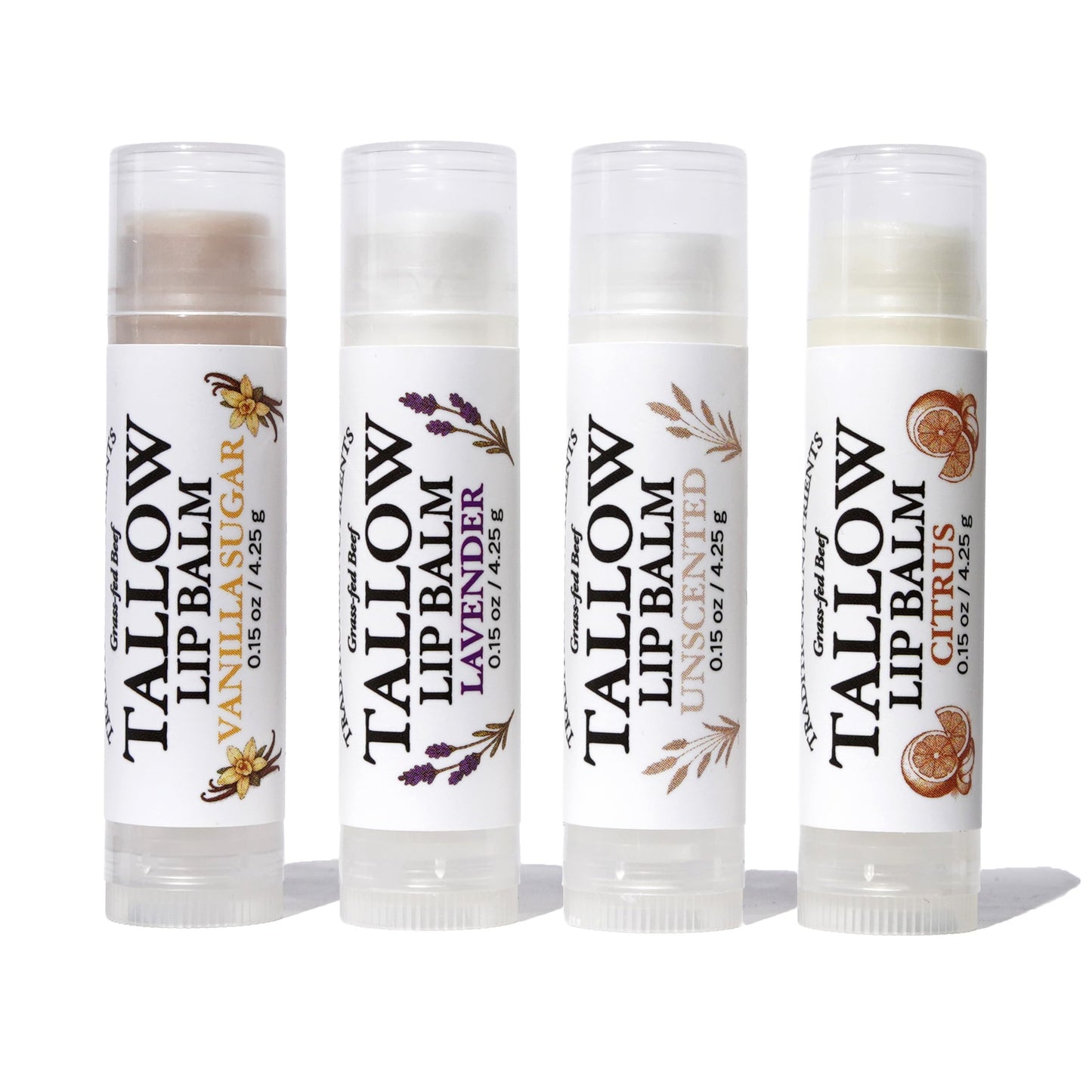 Traditional Nutrients Grass-Fed Beef Tallow Lip Balm, Variety 4-Pack, Unscented, Lavender, Vanilla Sugar, Citrus, with Organic Beeswax