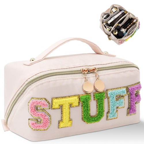 LONEDREAM Stoney Clover Preppy Makeup Bag, Large Capacity Travel Cosmetic Bag, Chenille Letter Open Flat Nylon Stuff Makeup Bag, Preppy Patch Better Belt Everything Makeup Bag(White)