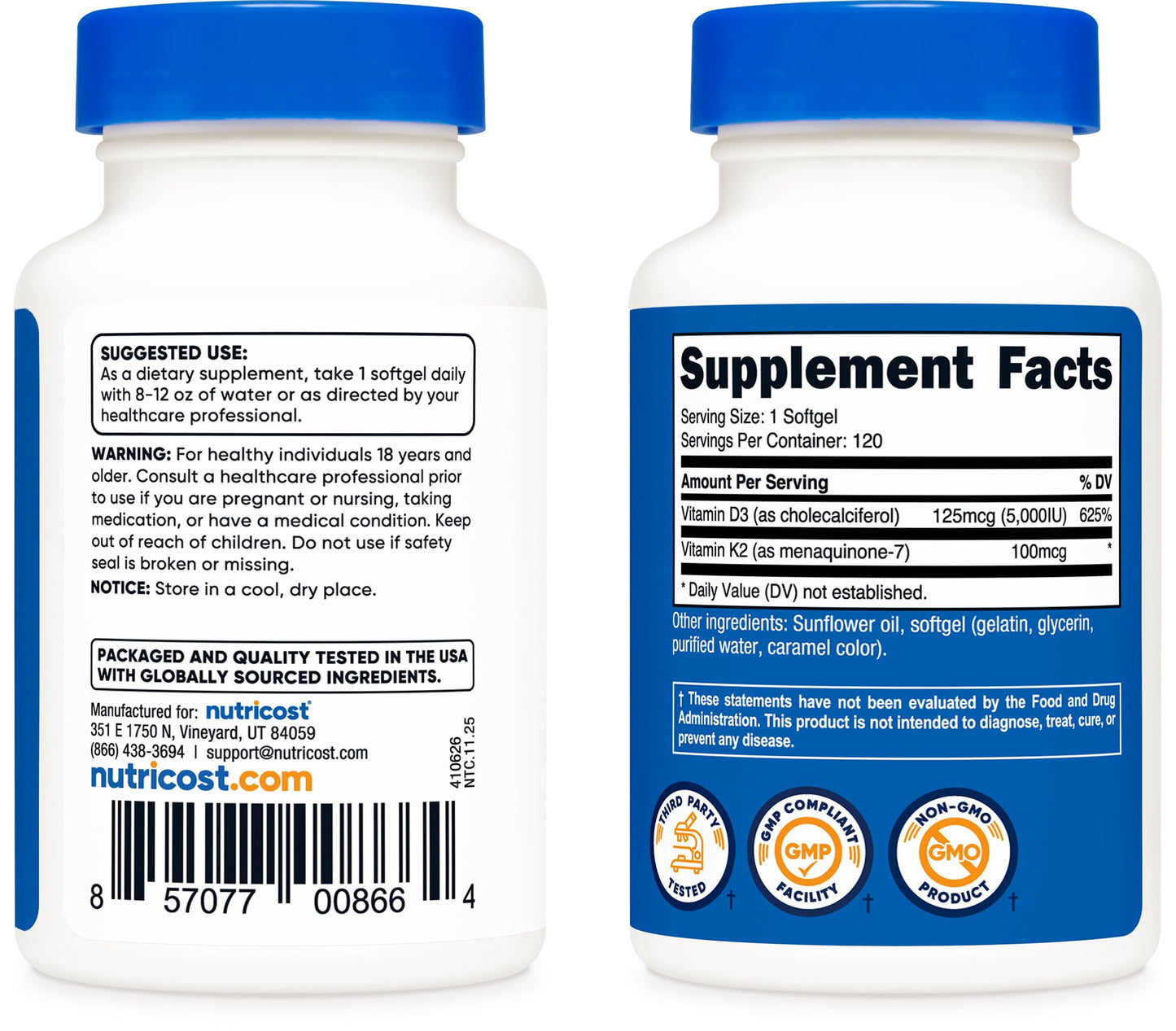 Nutricost Vitamin D3 + K2 (5000 IU D3 / 100mcg MK7) 120 Softgels, GMO-Free