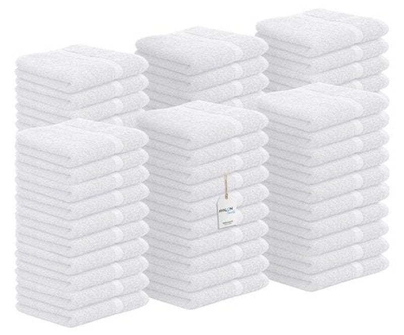 Avalon Towels Cotton Washcloths – (Pack of 60) Size 12x12 Inches, 100% Ring Spun Cotton, Soft & Absorbent Face Towels, Gym Towels, Hotel and Spa Quality, Reusable Fingertip Towels (White)