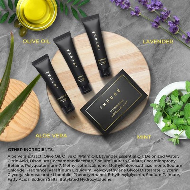 Infuse Black Hotel Soaps and Toiletries Bulk Set | 1-Shoppe All-In-Kit Amenities for Hotels & Airbnb | 1 oz Hotel Shampoo & Conditioner, Lotion, 1.25 oz Cleansing Bar Travel Size | 200 Pieces