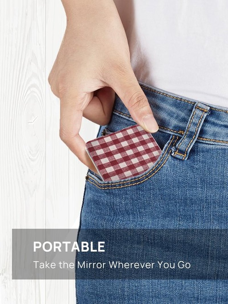 OMIRO Compact Mirror, Unique Plaid Pattern PU Leather 1X/3X Magnification, Ultra Portable for Purses, 2.4" W x 3.4" L, Red Plaid
