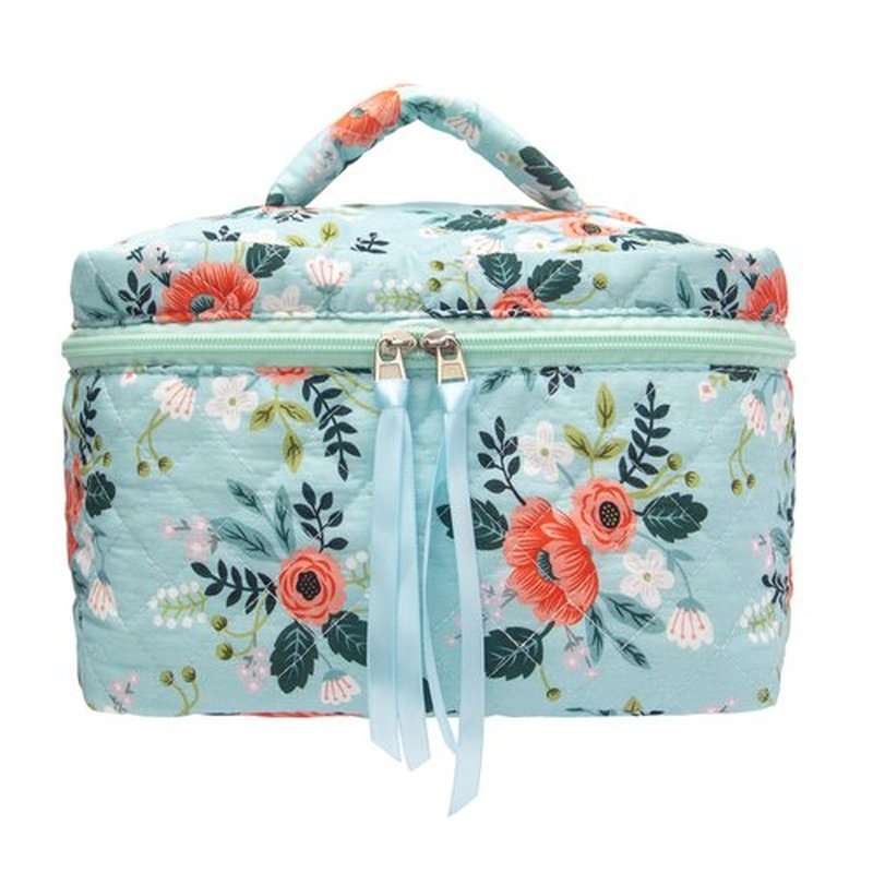 PAZIMIIK Cotton Makeup Bag for Women Large Quilted Travel Cosmetic Case Girls' Make Up Organizer,Flower Green