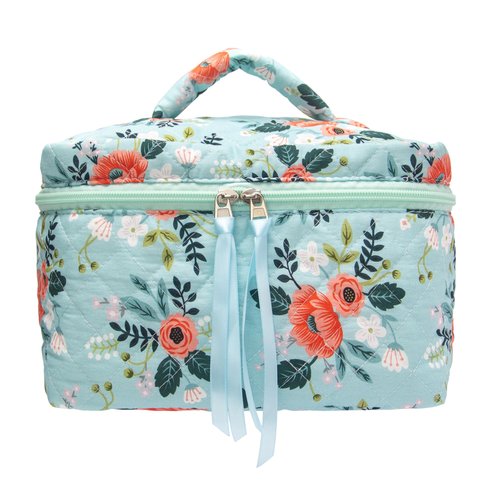 PAZIMIIK Cotton Makeup Bag for Women Large Quilted Travel Cosmetic Case Girls' Make Up Organizer,Flower Green