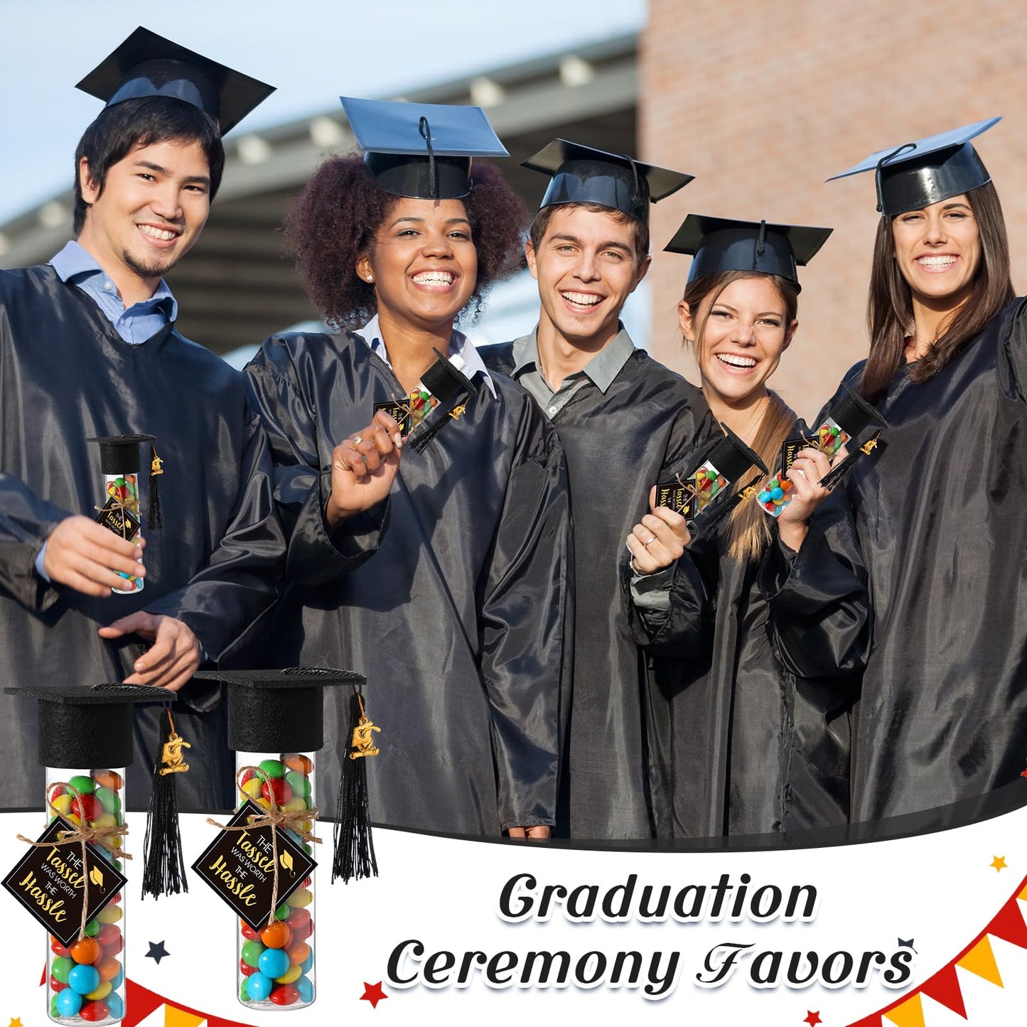 Willinglong 30 Set 2026 Graduation Candy Tubes Jars Set 100 ml Fillable Clear Plastic Gumball Container with Cap with Tassel and Cards for DIY 2026 Graduation Party Favors(Black)