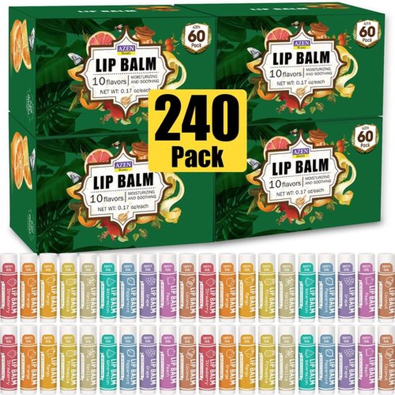AZEN 240 Pack Lip Balm, Natural Lip Balm Bulk, Lip Care Product, Moisturizing Lip Balm for dry cracked lips - 10 Flavors