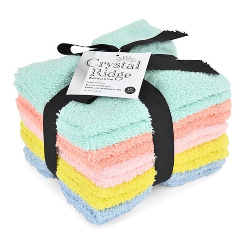 Crystal Ridge 100% Cotton Premium Wash Cloths, 12"x12", 10 Pack, Soft Feel, Absorbent Multipurpose Towels for Bathroom, Kitchen and Gym. Face & Body Washcloths, Bar Towels (10, Pastel)