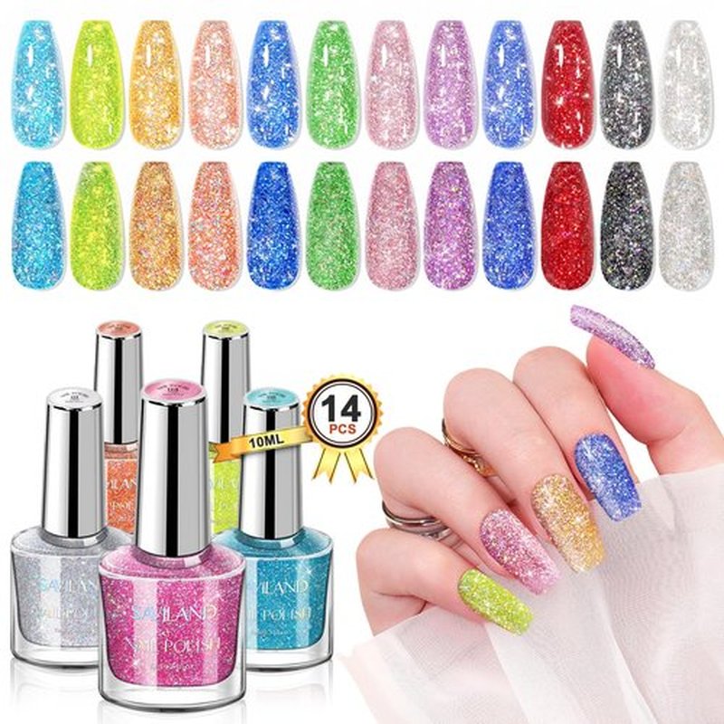 SAVILAND 12 Colors Glitter Nail Polish Set: Quick Dry Nail Lacquer Set Green Red Diamond Sparkly Shiny Nail Polish with Base Top Polish Coat 0.34oz Nail-Varnish for Fingernail Toenail Manicure Art DIY