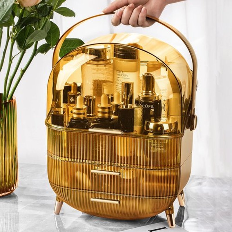 CANITORON Makeup Organizer,Large Capacity Skincare Organizer for Vanity,Cosmetic Organizer with 2 Drawers and Glass Makeup Brush Holder for Bedroom Countertop and Bathroom Countertop Storage.(LAmber)