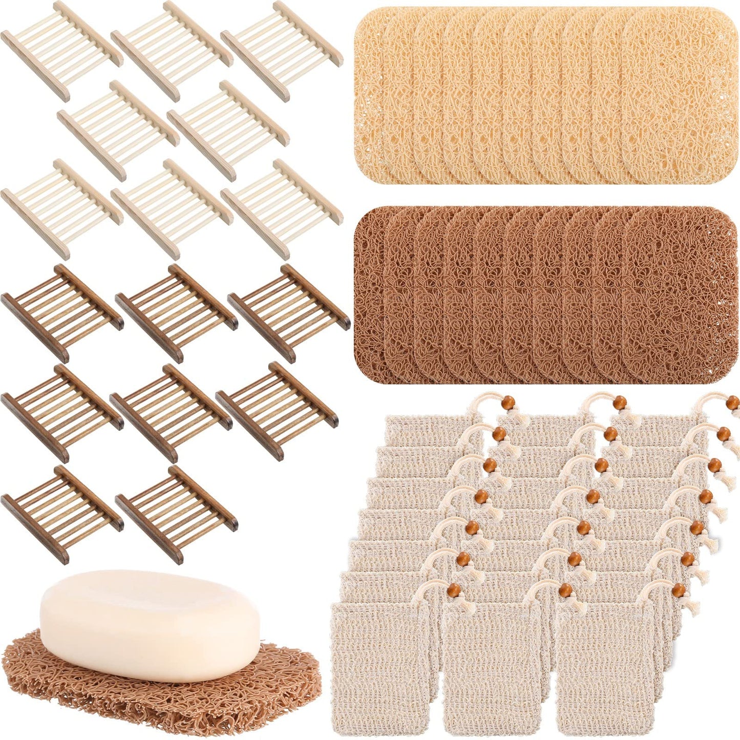 60 Pcs Soap Saver Set Including Wooden Dish, Exfoliating Bag, Saver Pads Bulk with Self Drain, Bar Soap Holder Mesh Bag for Shower Bath Home Toilet Kitchen Hotel Restaurant