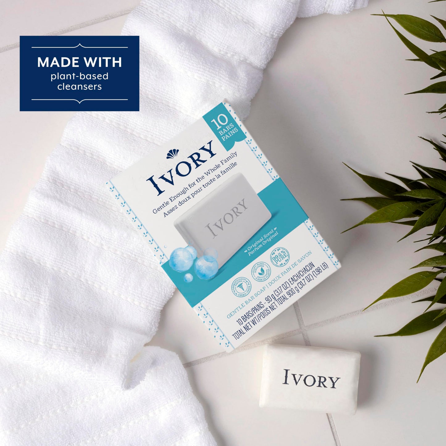 Ivory Gentle Bath Bar Soap, Designed for Whole Family, 99.44% Pure Formula, Plant-Based Cleansers, Made Without Heavy Perfumes, Parabens or Phthalates, Original Scent, 3.17 oz (10 Count)