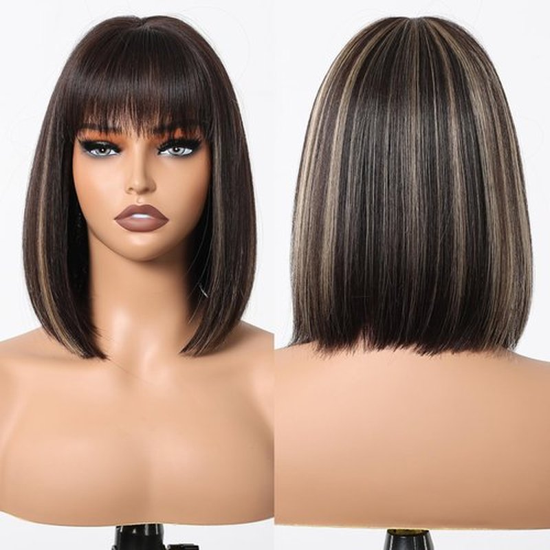 Allbell 12Inch Yaki Straight Bob Wig with Bangs Synthetic Hair Black with Blonde Highlights Bob Wig Ready to Go Short Wigs for Women