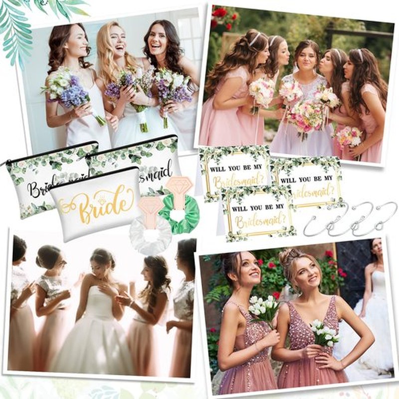 63 Pcs Bridesmaid Proposal Gifts Bulk Maid of Honor Gifts Matron of Honor Gifts Brides Bridesmaid Cosmetic Makeup Bag Hair Knotted Bracelets Invitation Cards for Wedding Bachelorette (Eucalyptus)