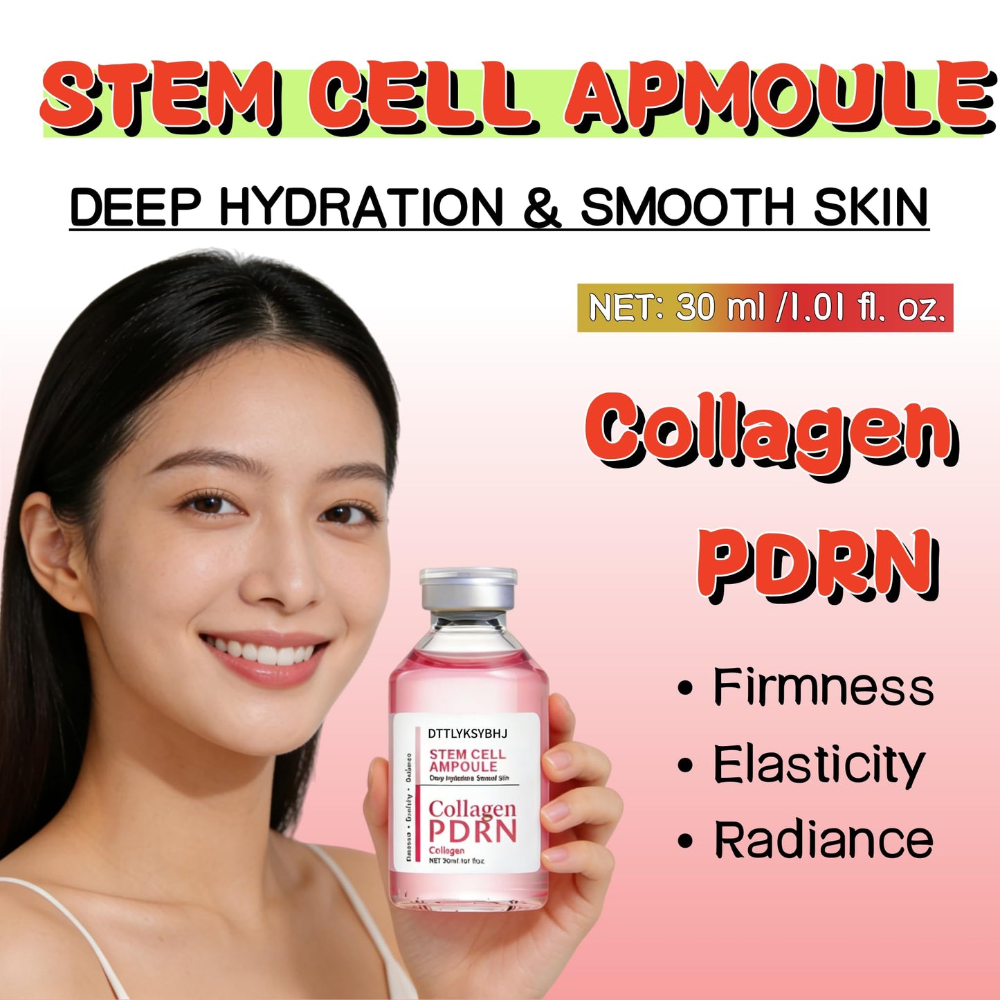 Pink Peptide Collagen Facial Ampoule Serum, Advanced Hydrating, Boosts Skin Elasticity & Radiant Glow, Plumps Skin & Reduces the Look of Fine Lines, Non-Greasy Gentle Formula 30ml/1.01 Fl Oz