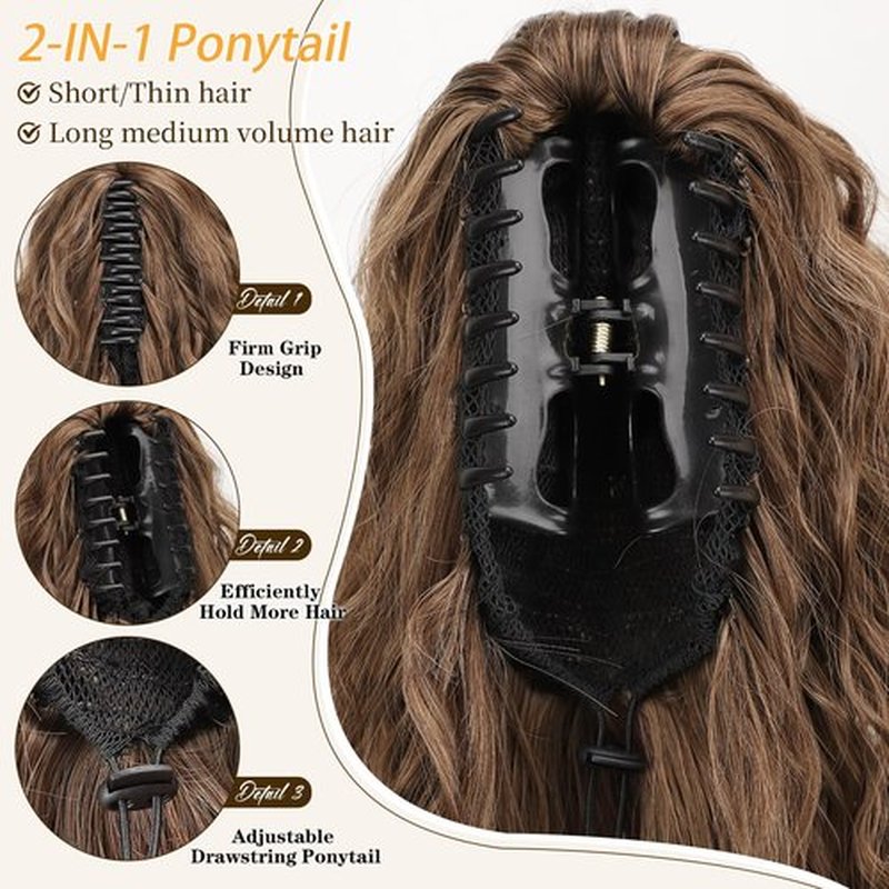 ORSUNCER Ponytail Extension Claw 30" Curly Pony Tail Clip in Claw Hair Extensions Fluffy Natural Looking Synthetic Hairpiece for Women Omber Brown