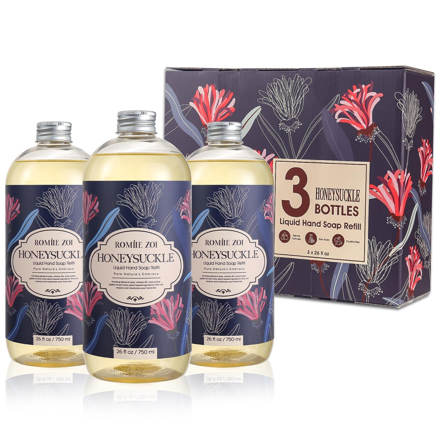 ROMIIE ZOI Liquid Hand Soap Refill Gift Set – Honeysuckle Scent, 3 Pack (26 Fl Oz Each), Cruelty-Free, Biodegradable & Gentle Formula for Sensitive Skin, Kitchen, Bathroom & Dispenser