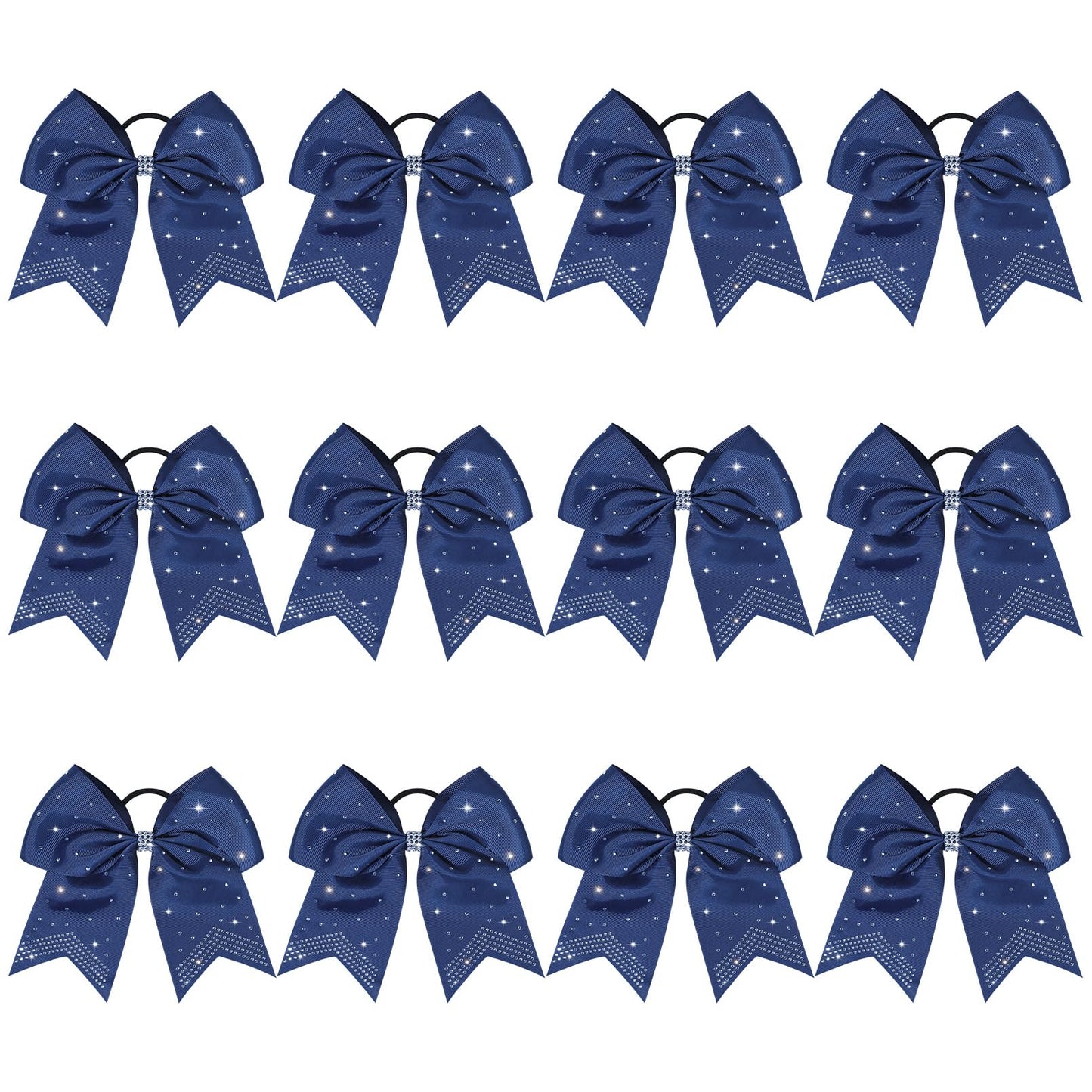 CEELGON Large Rhinestones Cheer Bows, 12 PCS Glitter 7" Cheer Bows Ponytail Holder for Cheerleaders Girls Softball Sports Competition, Navy with Full Rhinestone