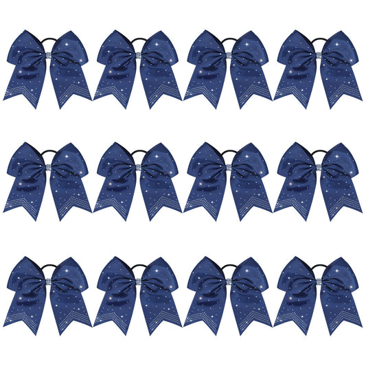 CEELGON Large Rhinestones Cheer Bows, 12 PCS Glitter 7" Cheer Bows Ponytail Holder for Cheerleaders Girls Softball Sports Competition, Navy with Full Rhinestone