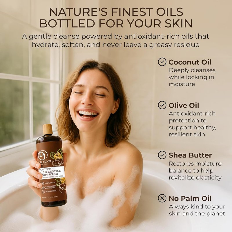 Dr. Jacobs Naturals Pure Castile Soap - Sandalwood Liquid Body Wash with Vitamin E & Aloe Vera | 16 oz for Dry Skin