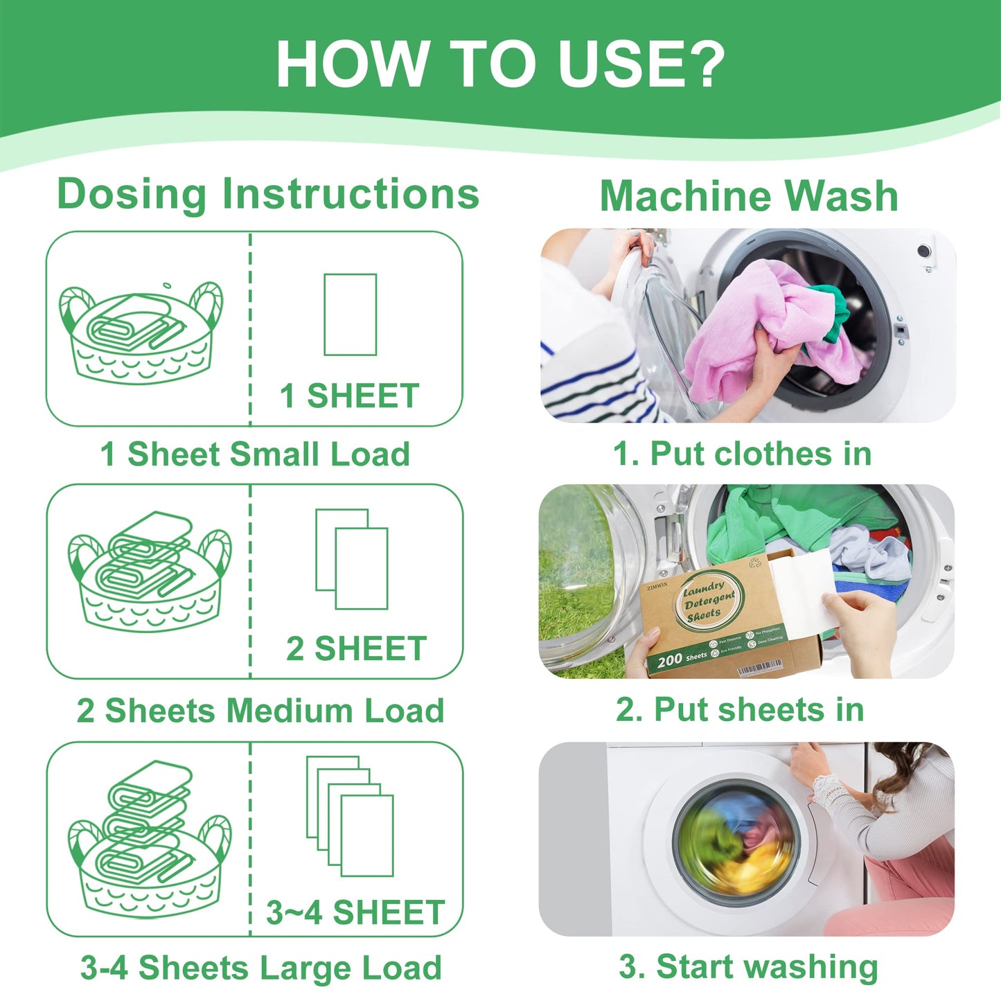 Zimwin Laundry Detergent Sheets, 200 Count, Fragrance Free, Eco-Friendly, Plastic-Free, Hypoallergenic, Liquidless Washing Supplies for Dorm Travel Camping