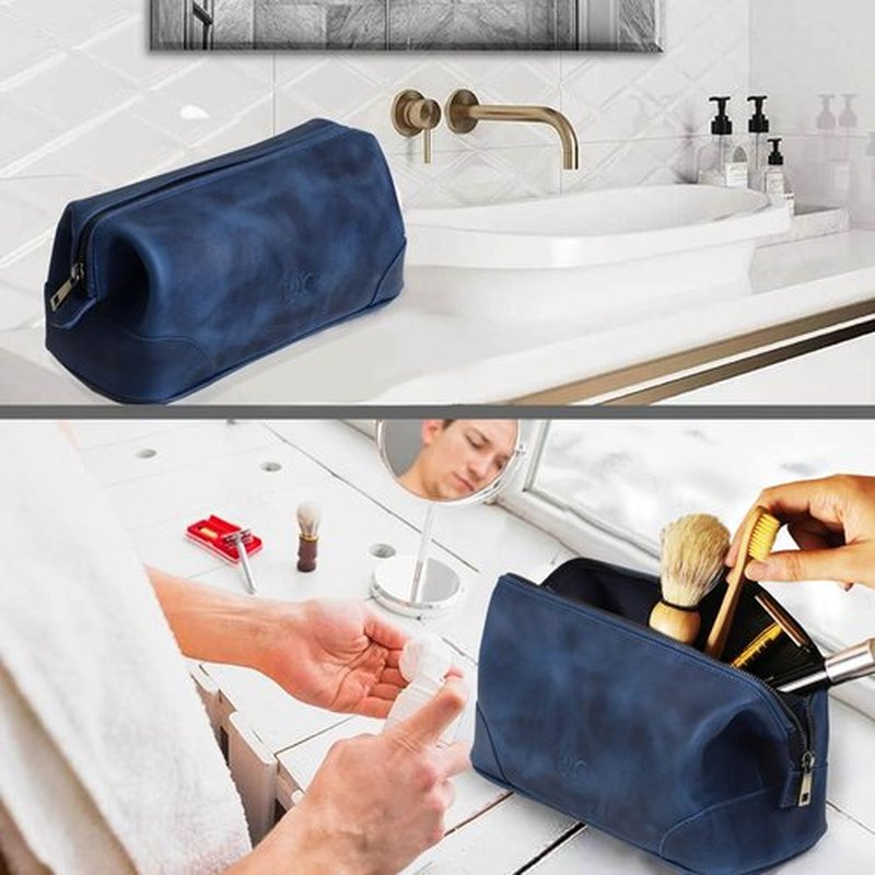 HLC Leather Toiletry Bag for Men - Best Gift for Men - Premium Genuine Leather Dopp Kit Shaving Kit Organizer Travel Kit Pouch Bag for Men - Large Size (blue)