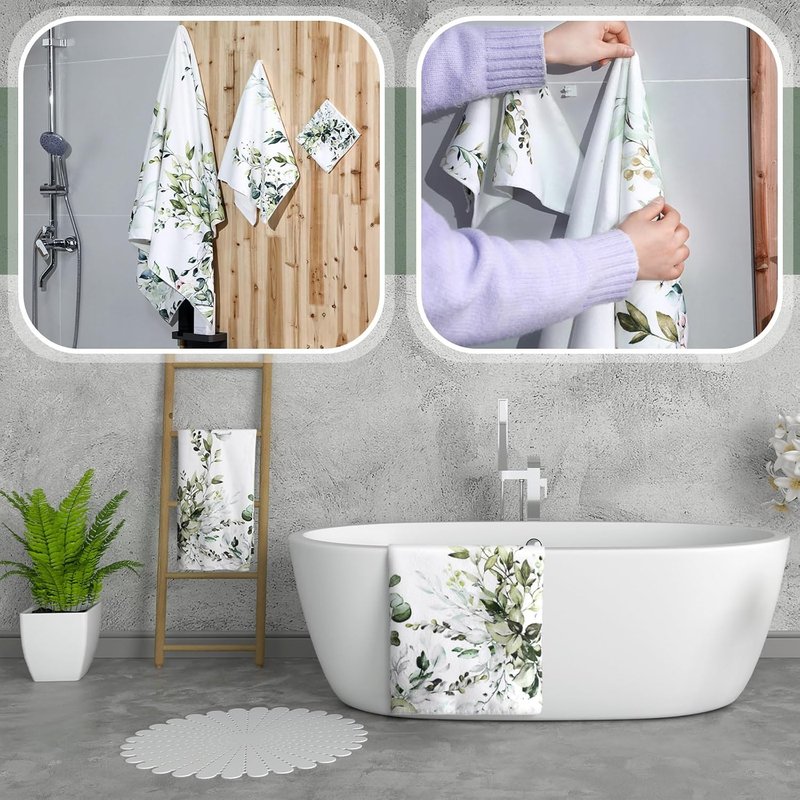 Eucalyptus Bathroom Towels Set - 3 Pack Sage Green Hand Towels | Floral Spring Decor, Absorbent Fingertip Wash Cloths for Home & Spa