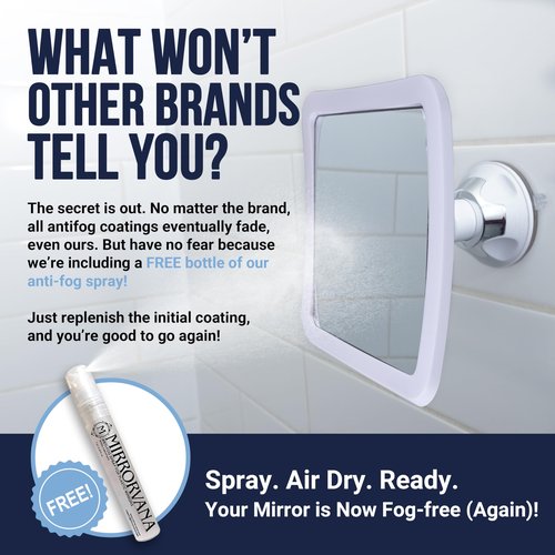 MIRRORVANA Fogless Shower Mirror for Shaving with Improved Suction and 360° Swivel - Unbreakable Fog Free Mirror for Men and Women - 6.3" x 6.3" (Pure White)